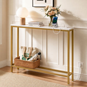 Console Table | Marble Look Hallway Table with Charging Station | White & Gold