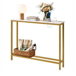 Console Table | Marble Look Hallway Table with Charging Station | White & Gold