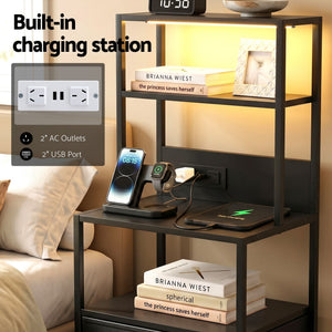 Tall LED Bedside Table | Drawers & Charging Station | Black