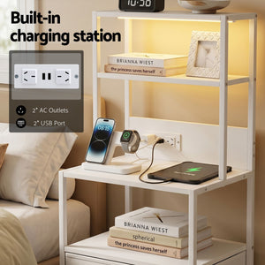 Tall LED Bedside Table | Drawers & Charging Station | White