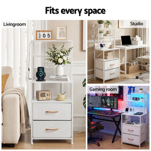 Tall LED Bedside Table | Drawers & Charging Station | White