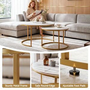Nesting Coffee Tables | 2 Piece Round Marble Look Set | White & Gold