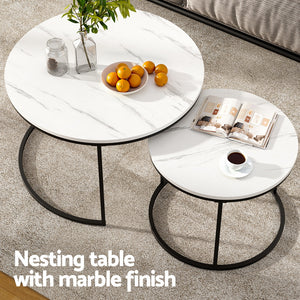 Nesting Table Set | 2pc | Marble Look Coffee Tables | Compact