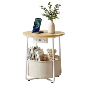Round Coffee Table | Side Table with Charging Station & Storage Basket
