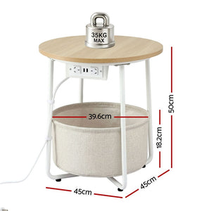 Round Coffee Table | Side Table with Charging Station & Storage Basket
