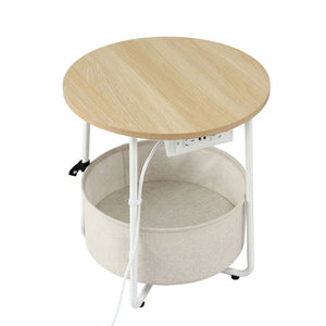 Round Coffee Table | Side Table with Charging Station & Storage Basket