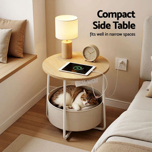 Round Coffee Table | Side Table with Charging Station & Storage Basket