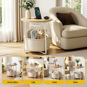 Round Coffee Table | Side Table with Charging Station & Storage Basket