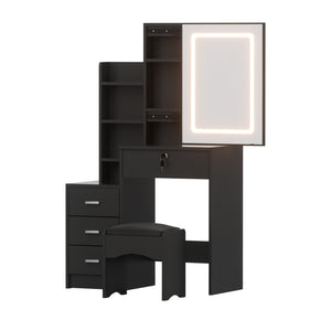 Dressing Table Set | Vanity Desk with Stool & LED Lights | Black Finish