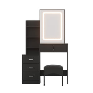 Dressing Table Set | Vanity Desk with Stool & LED Lights | Black Finish