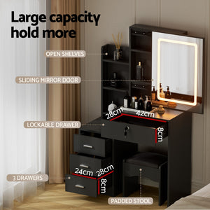 Dressing Table Set | Vanity Desk with Stool & LED Lights | Black Finish