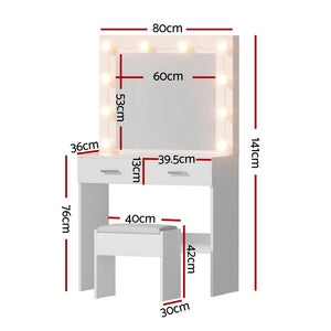 Dressing Table Set | Vanity Desk with Stool & 10 LED Bulbs | White Finish