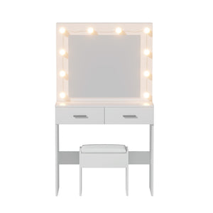 Dressing Table Set | Vanity Desk with Stool & 10 LED Bulbs | White Finish