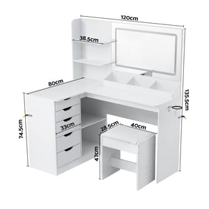Artiss Dressing Table Corner Vanity Desk Set Stool LED Charging Station White