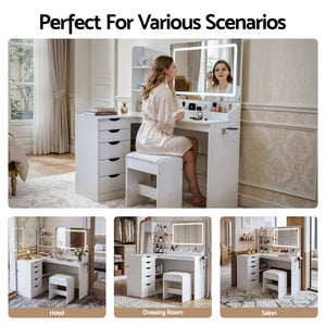 Corner Dressing Table Set | LED Vanity Desk with Stool & Charging Station | White