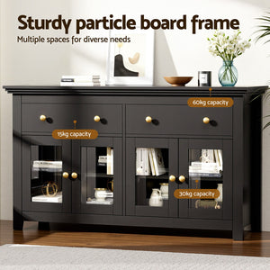 Buffet Sideboard | Clear Door + Drawer | Kitchen Storage Cabinet | Black