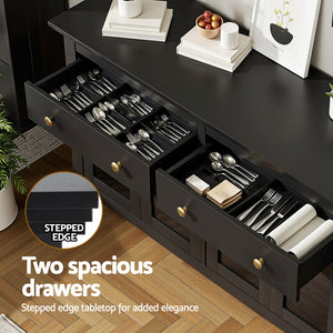 Buffet Sideboard | Clear Door + Drawer | Kitchen Storage Cabinet | Black