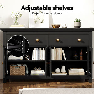 Buffet Sideboard | Clear Door + Drawer | Kitchen Storage Cabinet | Black
