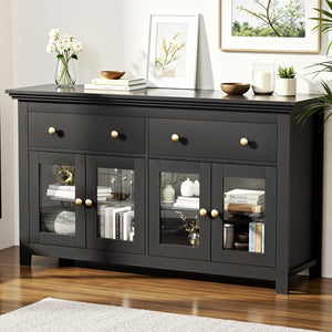 Buffet Sideboard | Clear Door + Drawer | Kitchen Storage Cabinet | Black