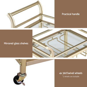 Kitchen Island Cart | 43cm | Rolling Bar Trolley | Wine Glass Holder | Gold