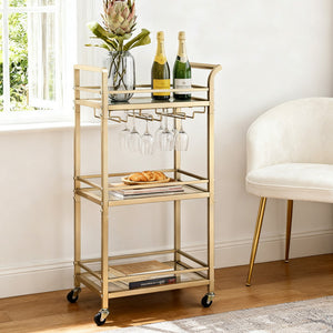 Kitchen Island Cart | 43cm | Rolling Bar Trolley | Wine Glass Holder | Gold