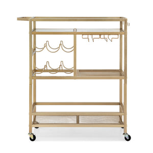 Bar Cart | Drinks Trolley | Wine Rack + Glass Holder | 3 Hooks | 72cm | Gold