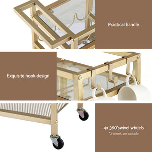 Bar Cart | Drinks Trolley | Wine Rack + Glass Holder | 3 Hooks | 72cm | Gold