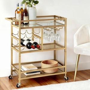 Bar Cart | Drinks Trolley | Wine Rack + Glass Holder | 3 Hooks | 72cm | Gold