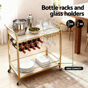 Bar Cart | Marble Top Drinks Trolley | Wine Rack + Glass Holder | 85cm | Gold