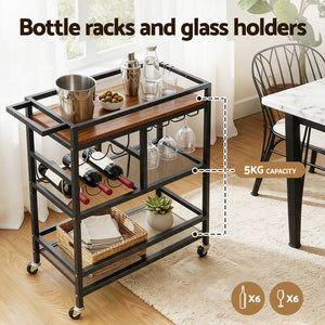 Bar Cart Drinks Trolley | Wine Rack & Glass Holder | Black | 72cm