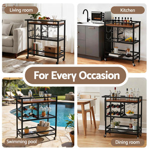 Bar Cart Drinks Trolley | Wine Rack & Glass Holder | Black | 72cm
