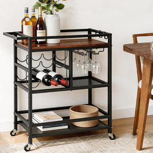 Bar Cart Drinks Trolley | Wine Rack & Glass Holder | Black | 72cm