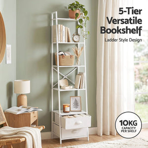 Ladder Bookshelf | 5-Tier Bookcase with Fabric Drawers | White
