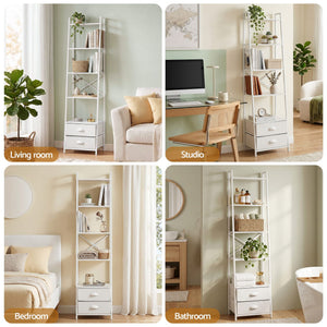 Ladder Bookshelf | 5-Tier Bookcase with Fabric Drawers | White