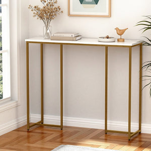 Console Table | Marble Effect Top | White & Gold Accent