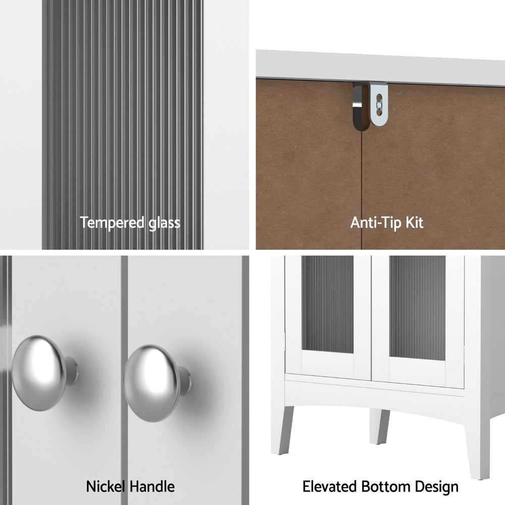 Bathroom Storage Cabinet | 80CM Buffet Sideboard | Glass Door | White Finish