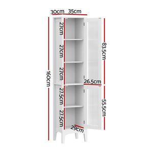 Bathroom Storage Cabinet | 160CM Tall Slim Floor Cupboard | Glass Door | White