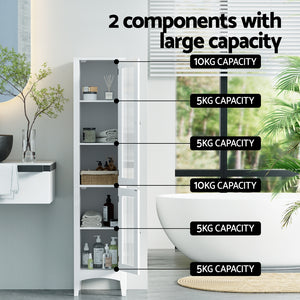 Bathroom Storage Cabinet | 160CM Tall Slim Floor Cupboard | Glass Door | White