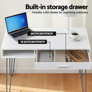 Computer Desk | 100cm | Drawer Cabinet Workstation | White