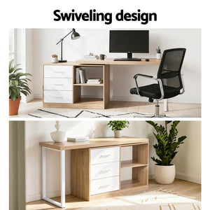 Swivel L-Shaped Desk | Storage Cabinet | Oak Look Corner Workstation