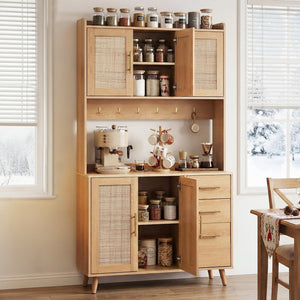 Buffet Sideboard Hutch | Rattan Detail + Hooks | Kitchen Cupboard | Pine
