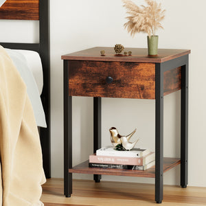 Bedside Table | Nightstand with Drawer & Shelves | Walnut Finish