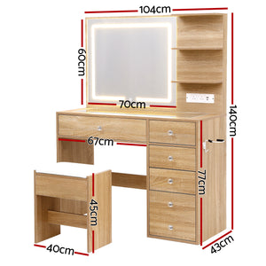 Vanity Desk Set | LED Mirror Table + Stool | Wood Finish