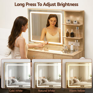 Vanity Desk Set | LED Mirror Table + Stool | Wood Finish