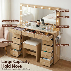LED Vanity Table Set | Stool Included | Wood Finish