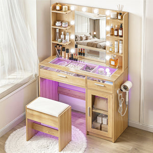 Makeup Vanity Set | 10 LED Bulbs | RGB Light | Wood Finish
