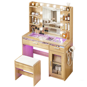 Makeup Vanity Set | 10 LED Bulbs | RGB Light | Wood Finish