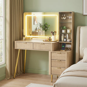 Dressing Table | LED Vanity Desk | Charging Station | Wood Finish