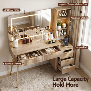 Dressing Table | LED Vanity Desk | Charging Station | Wood Finish