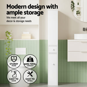 Bathroom Cabinet | Slim Storage Organiser | Drawers | Toilet Corner | 135cm | White